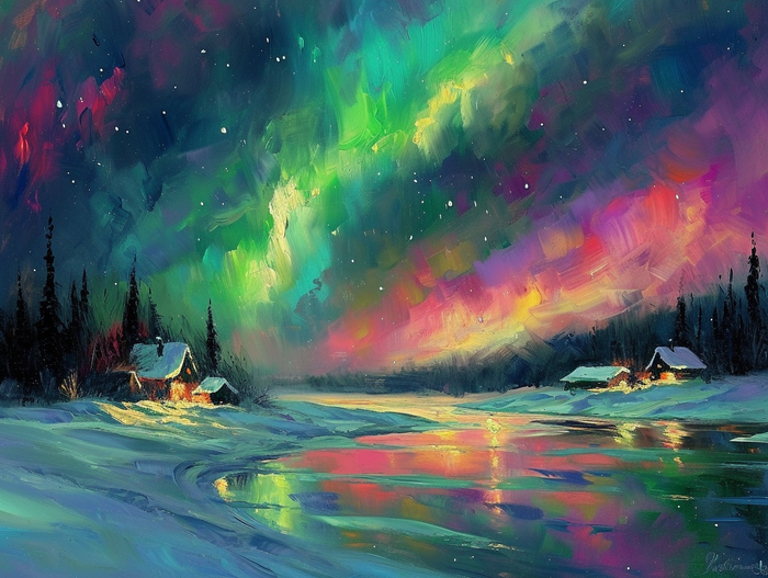 Aurora Borealis Over a Snow-Covered Village