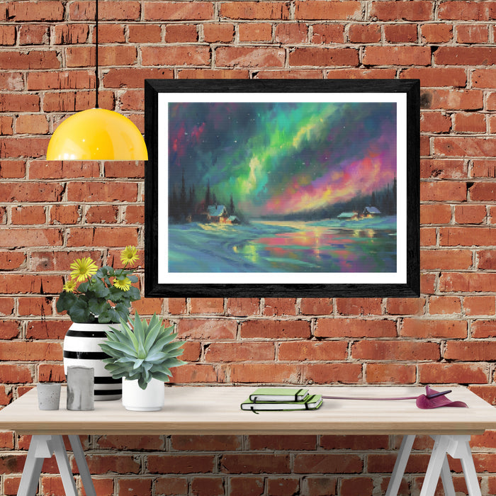 Aurora Borealis Over a Snow-Covered Village