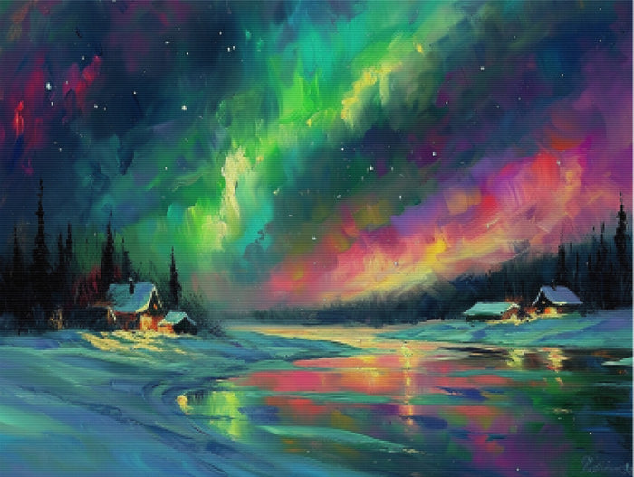 Aurora Borealis Over a Snow-Covered Village