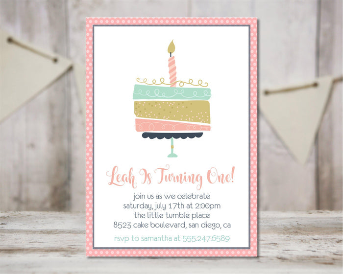 Girls pastel cake 1st birthday invitation