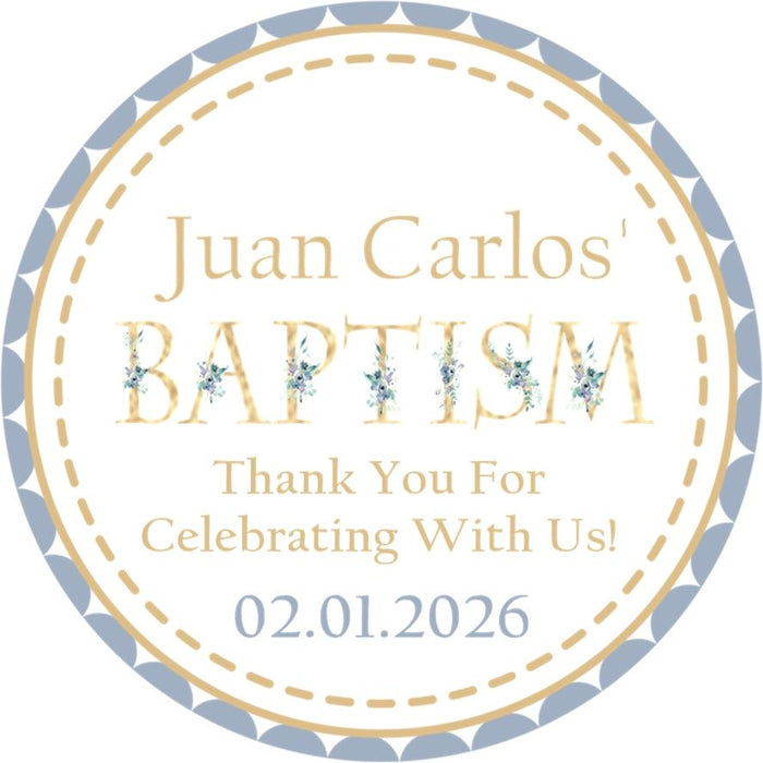 Personalized blue floral Baptism favor label