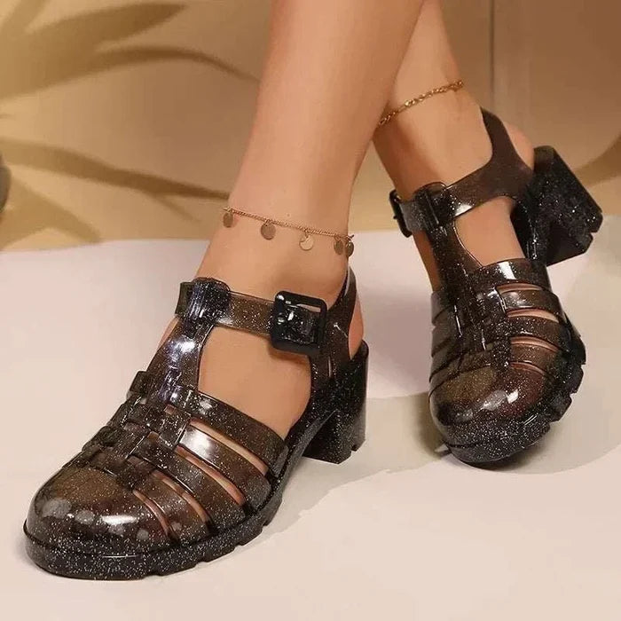 CrystalStep™ Elegant Block Heel Sandals - close-up of the material and finishing details