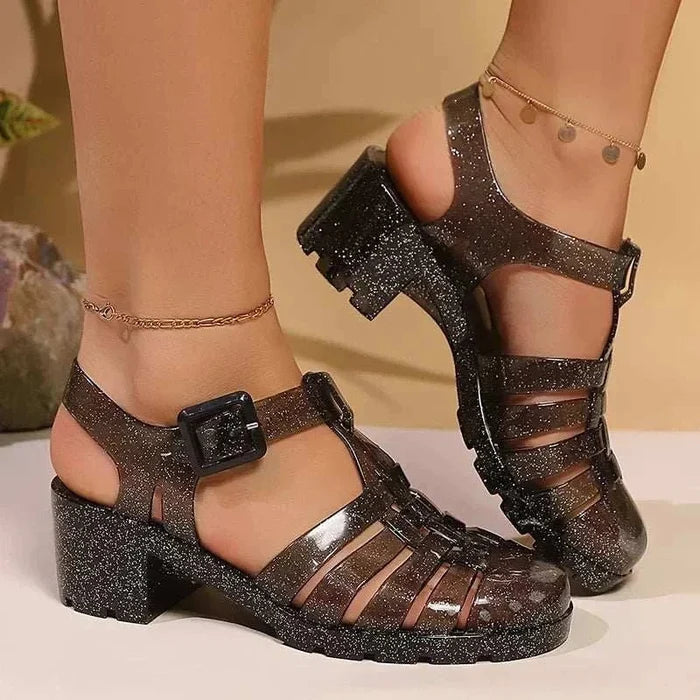 CrystalStep™ Elegant Block Heel Sandals - three-quarter view showing the overall shape