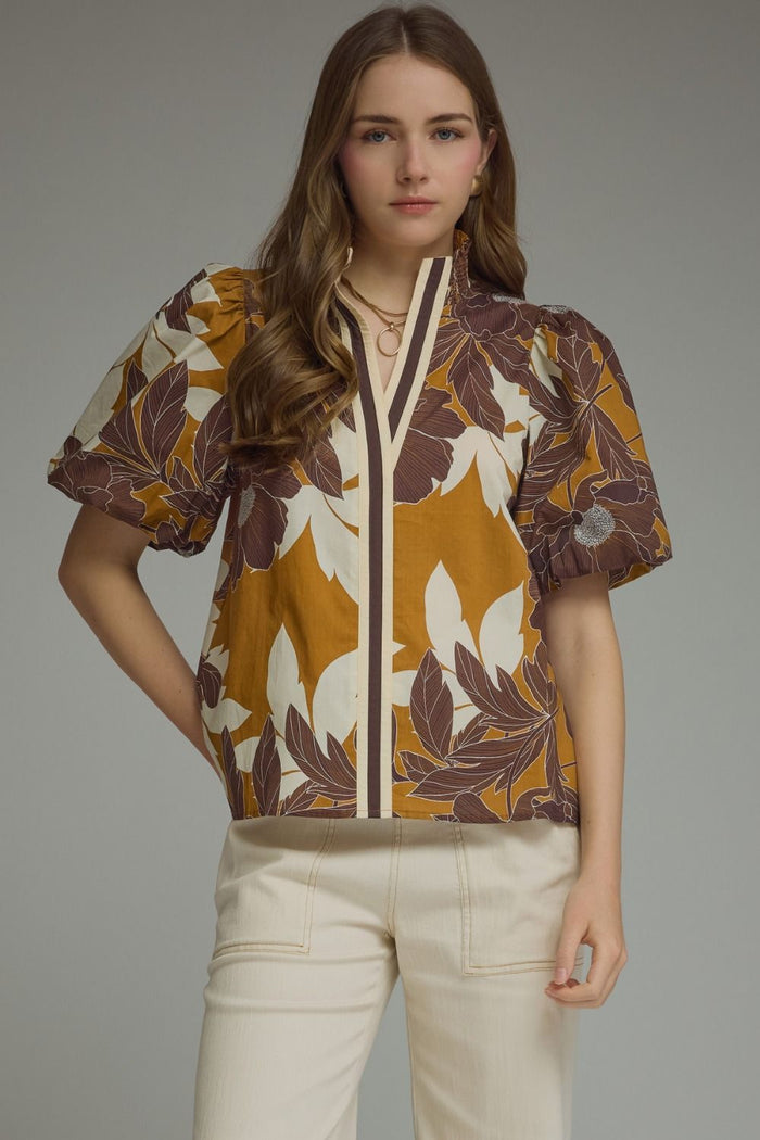 E Caramel Floral Puff Sleeve Top