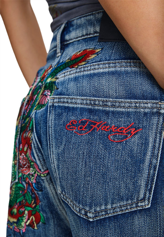 Ed Hardy Crawling Dragon Washed Women's Mid Blue Jeans