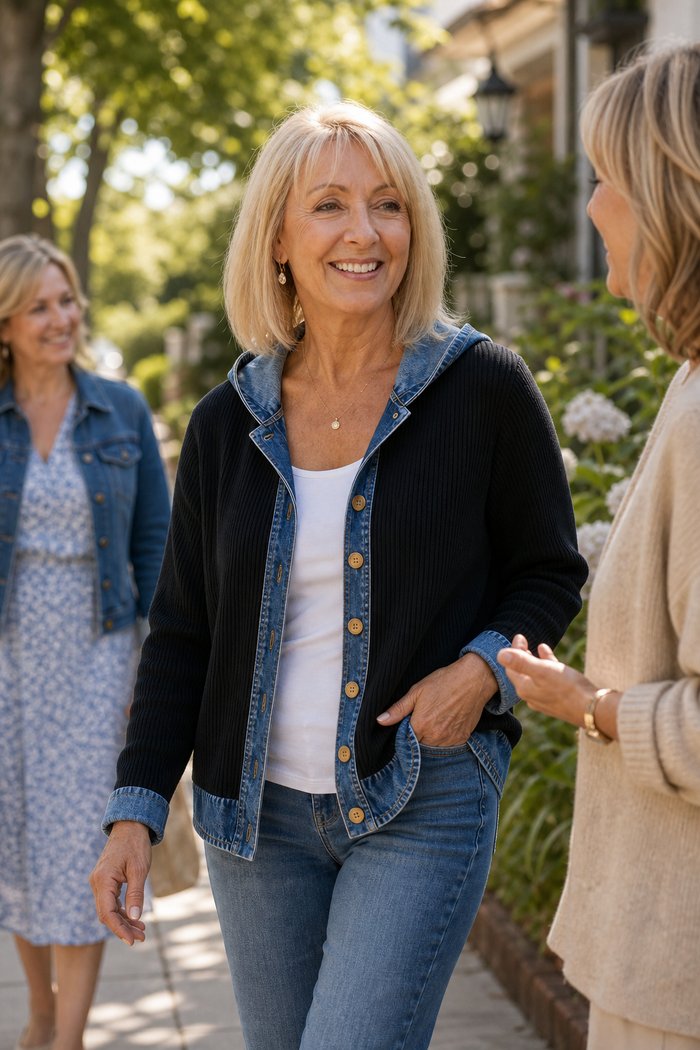 Layerlore – Denim-Look Patchwork Hooded Cardigan