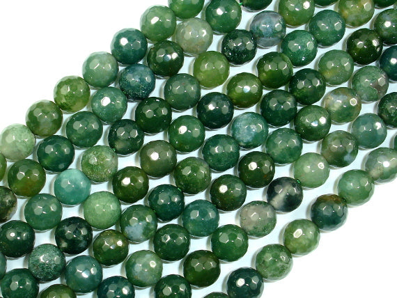 Moss Agate Beads, 8mm, Green, Faceted Round Beads-BeadBasic