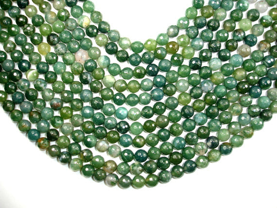 Moss Agate Beads, 8mm, Green, Faceted Round Beads-BeadBasic