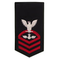Navy E7 FEMALE Rating Badge: AO Aviation Ordnanceman - seaworthy red on blue