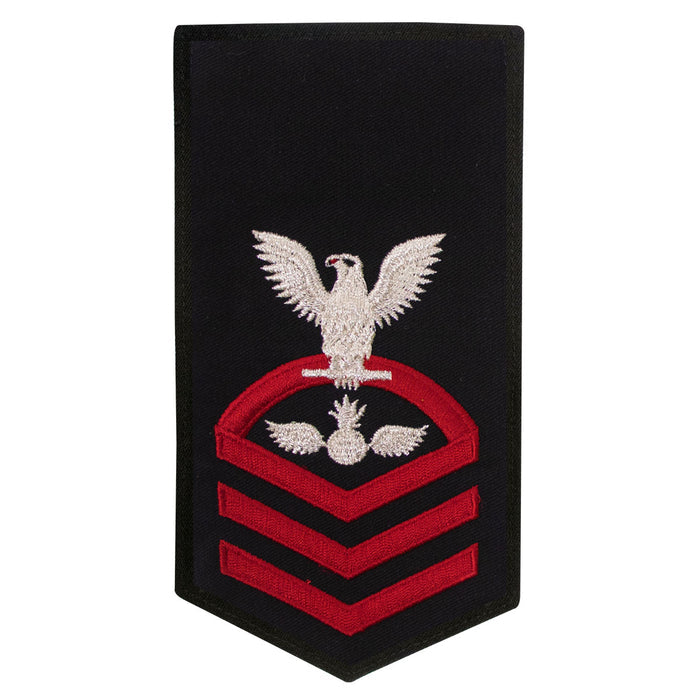 Navy E7 FEMALE Rating Badge: AO Aviation Ordnanceman - seaworthy red on blue