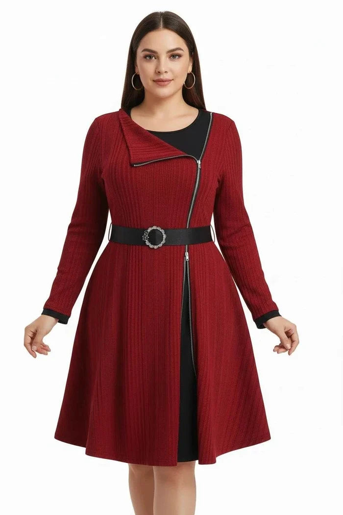 Ringora™ Plus-Size Ribbed Zip-Front A-Line Dress - front view in Bright pink - zip-front closure and A-line shape, image 1