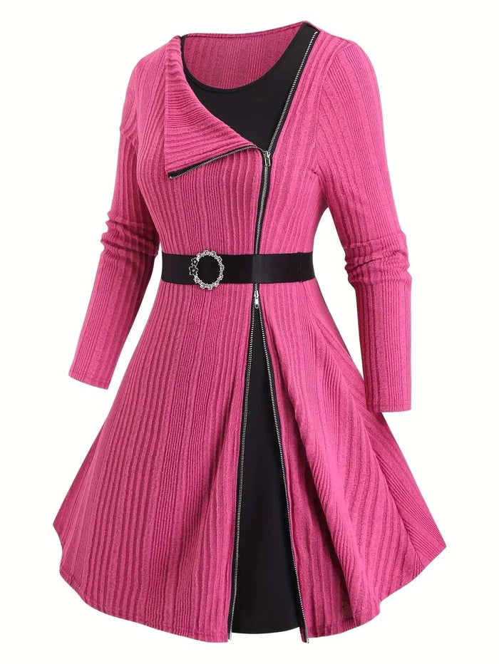 Ringora™ Plus-Size Ribbed Zip-Front A-Line Dress - three-quarter view in Bright pink - zip-front closure and A-line shape, image 2
