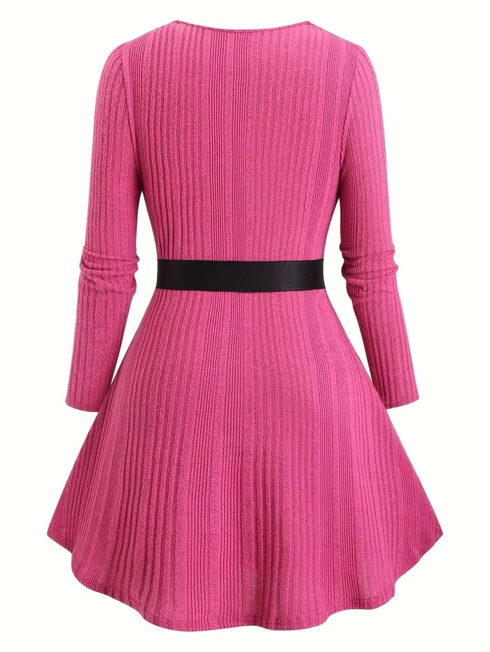 Ringora™ Plus-Size Ribbed Zip-Front A-Line Dress - side view in Bright pink - zip-front closure and A-line shape, image 3
