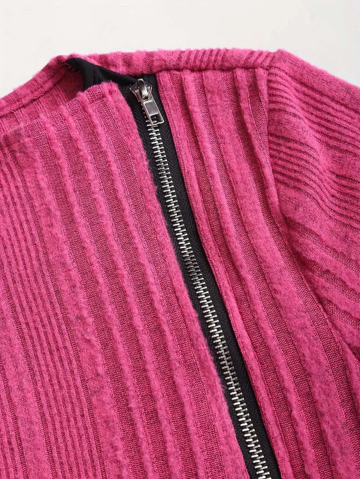 Ringora™ Plus-Size Ribbed Zip-Front A-Line Dress - full-length view in Rouge color - zip-front closure and A-line shape, image 6