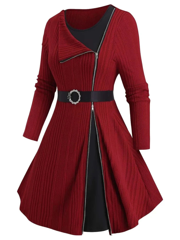 Ringora™ Plus-Size Ribbed Zip-Front A-Line Dress - detail view in Rouge color - zip-front closure and A-line shape, image 7