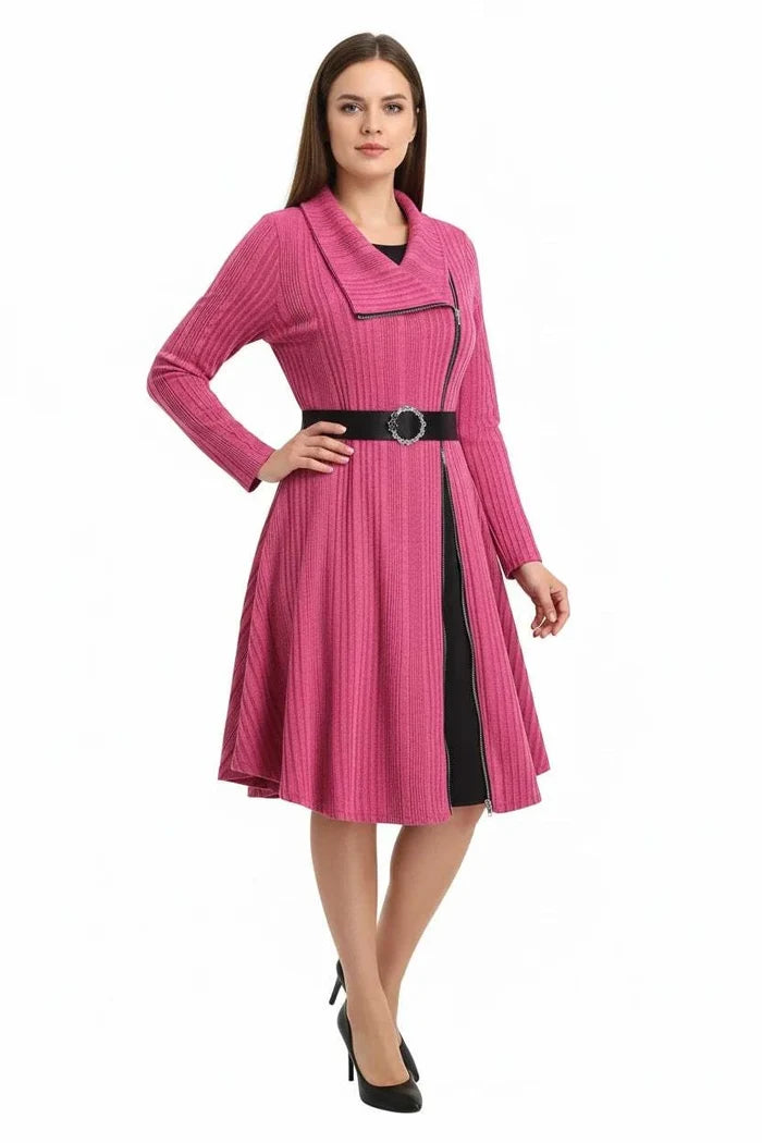 Ringora™ Plus-Size Ribbed Zip-Front A-Line Dress - styled view in Rouge color - zip-front closure and A-line shape, image 8