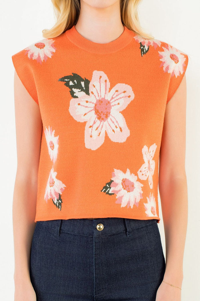 TH Orange Floral Knit Sweater Vest