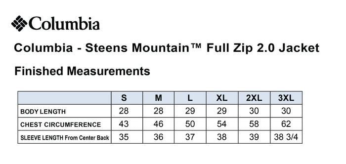 The Citadel, Club Sport - Soccer, Columbia - Steens Mountain™ Full Zip 2.0 Jacket - Finished Measurements