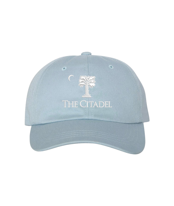 The Citadel, Big Red, Palm tree, Yupoong Adult Low-Profile Cotton Twill Dad Cap - Light Blue